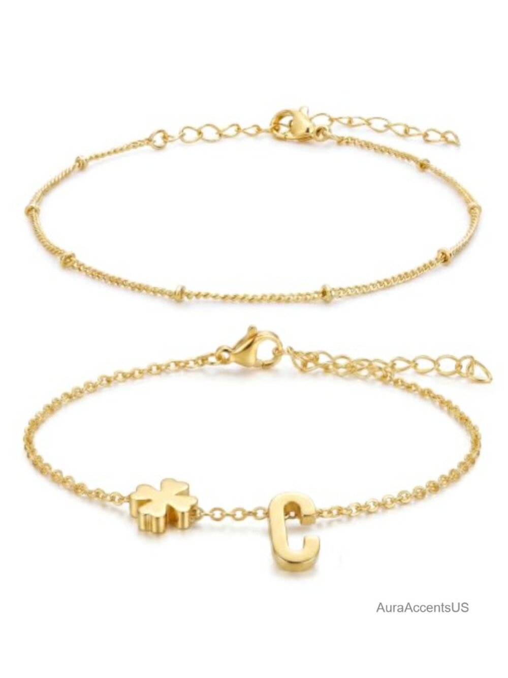 2PCS 14K Gold Plated Initial Clover Bracelet Set Women Stackable Link
